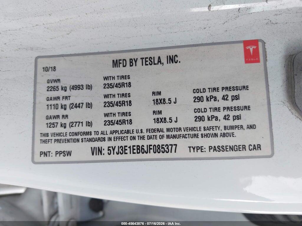 5YJ3E1EB6JF085377 2018 TESLA MODEL 3 photo no. 9