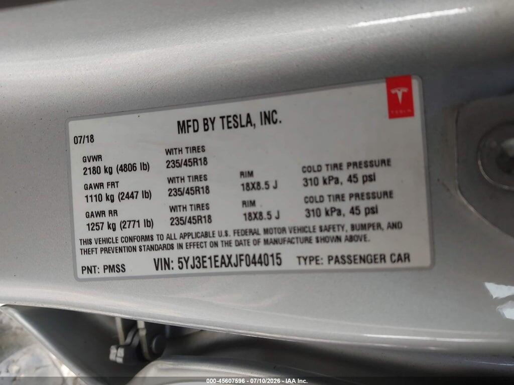 5YJ3E1EAXJF044015 2018 TESLA MODEL 3 photo no. 9