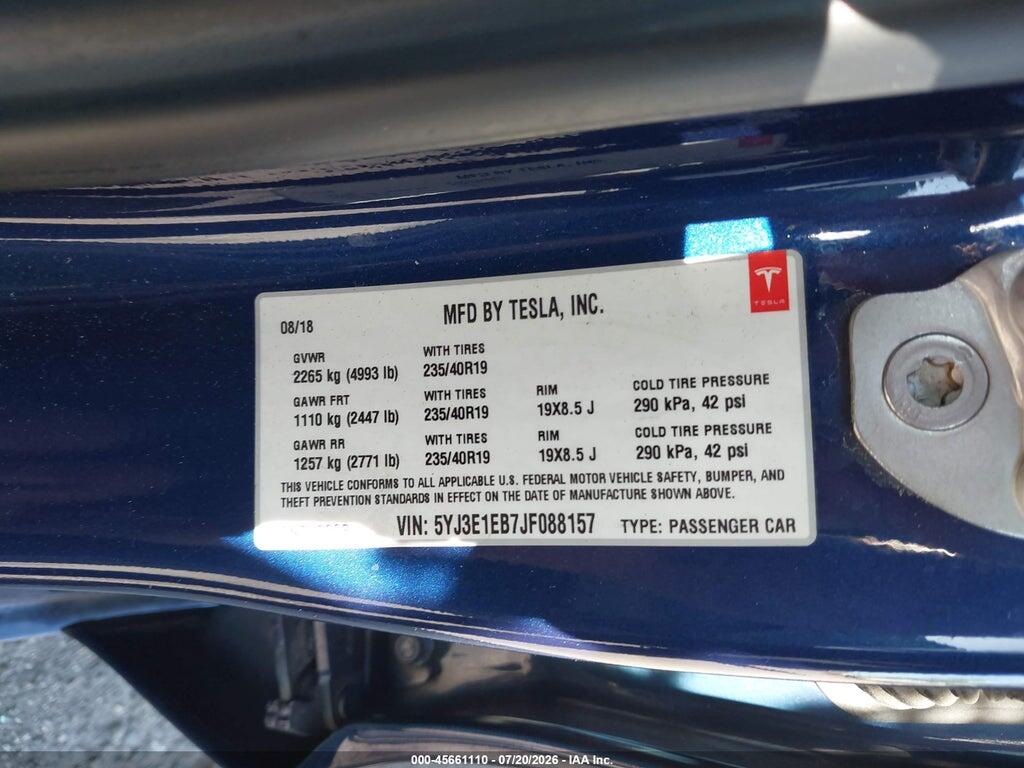 5YJ3E1EB7JF088157 2018 TESLA MODEL 3 photo no. 9