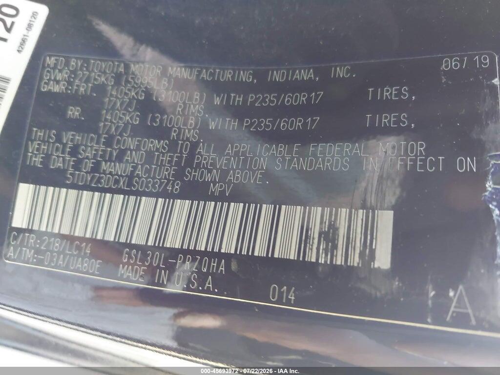 5TDYZ3DCXLS033748 2020 TOYOTA SIENNA photo no. 9