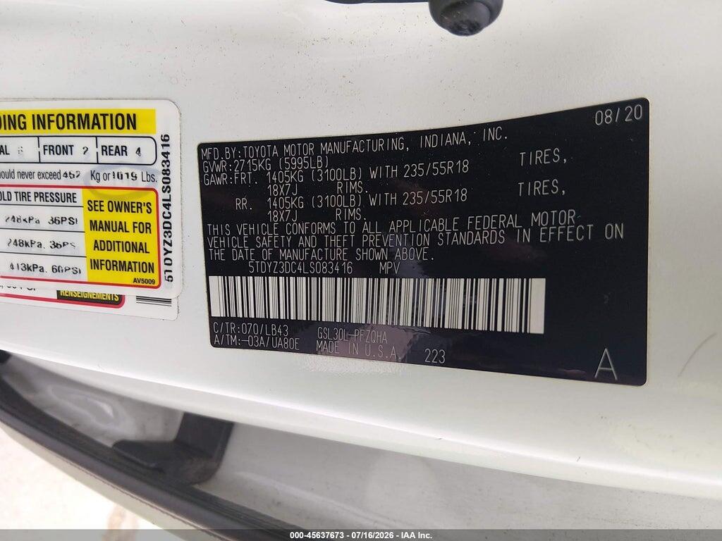 5TDYZ3DC4LS083416 2020 TOYOTA SIENNA photo no. 9