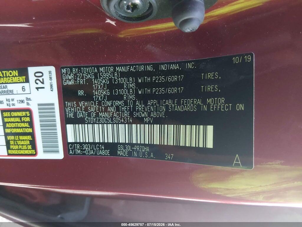 5TDYZ3DC5LS054314 2020 TOYOTA SIENNA photo no. 9