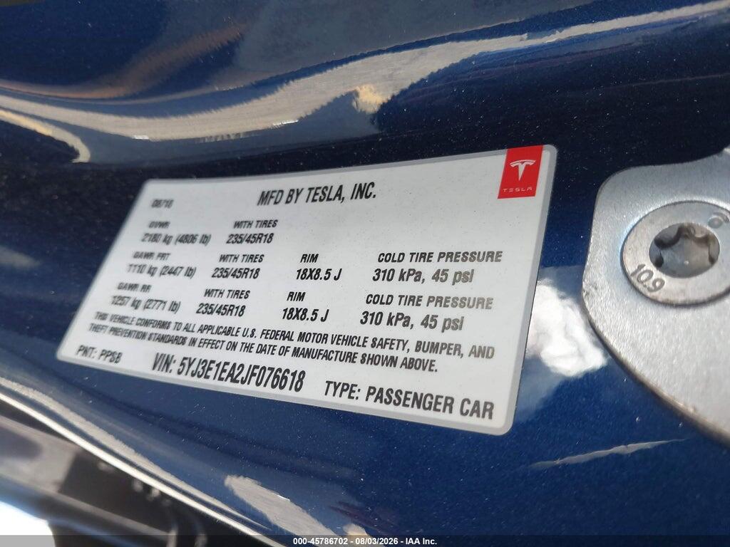 5YJ3E1EA2JF076618 2018 TESLA MODEL 3 photo no. 9