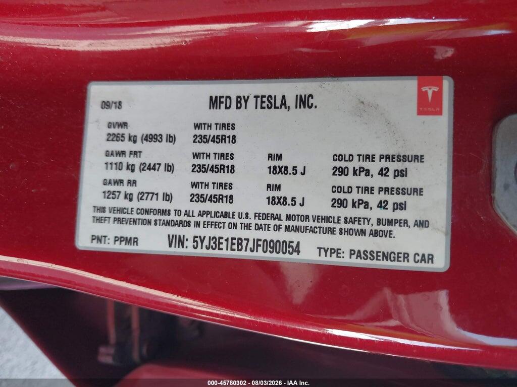 5YJ3E1EB7JF090054 2018 TESLA MODEL 3 photo no. 9