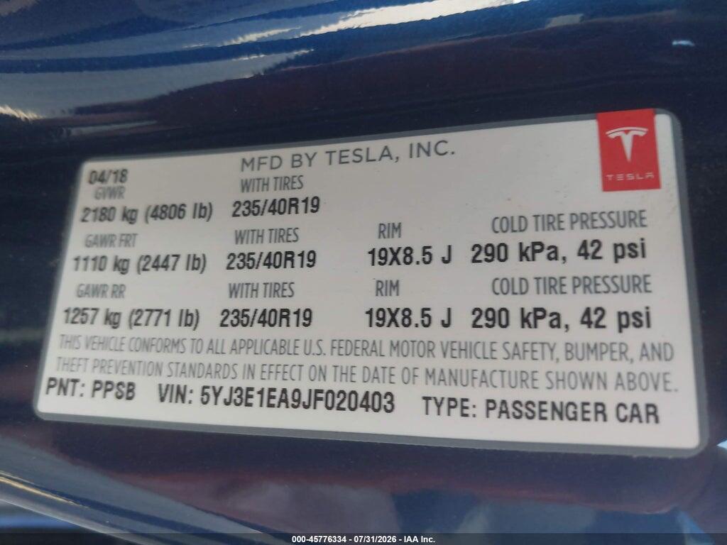 5YJ3E1EA9JF020403 2018 TESLA MODEL 3 photo no. 8