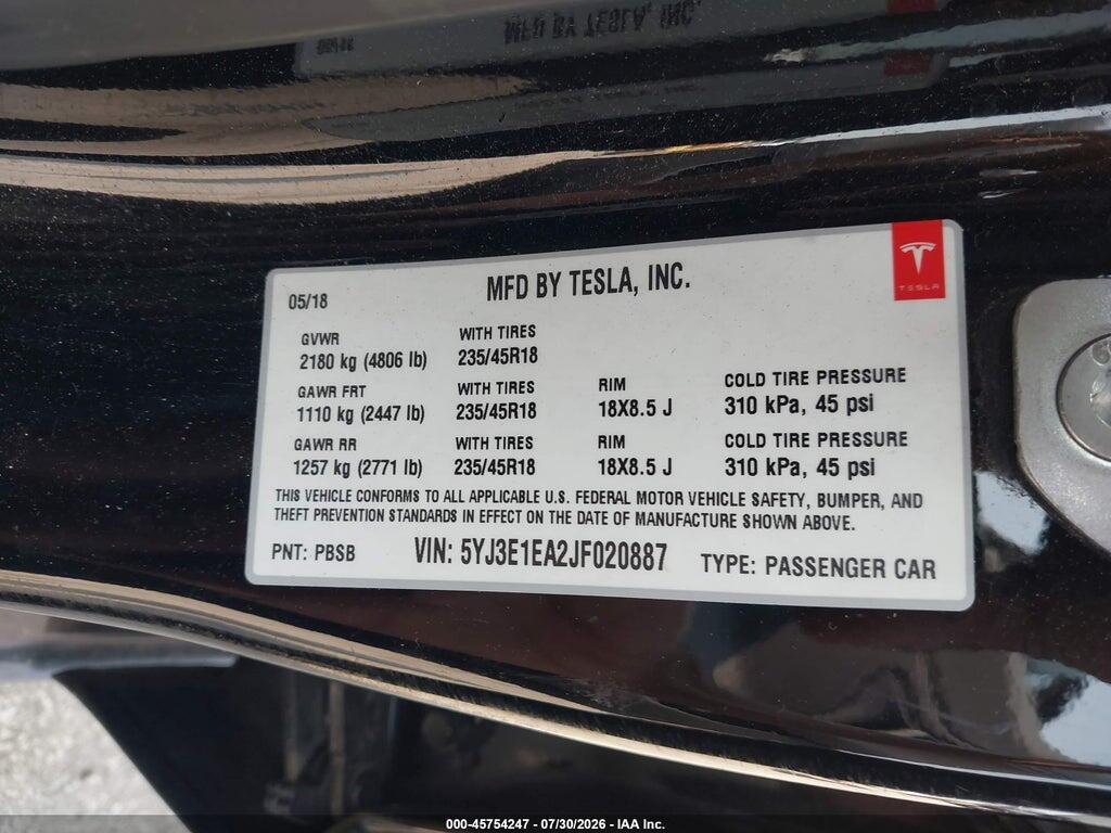 5YJ3E1EA2JF020887 2018 TESLA MODEL 3 photo no. 9