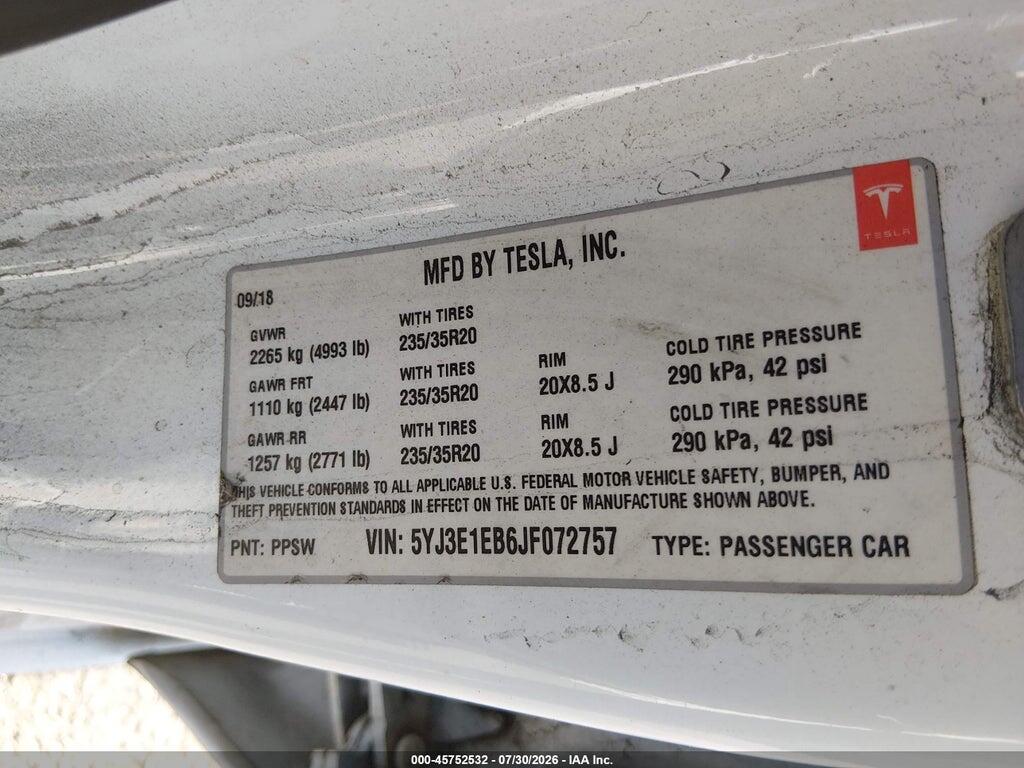 5YJ3E1EB6JF072757 2018 TESLA MODEL 3 photo no. 9