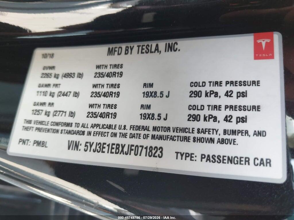 5YJ3E1EBXJF071823 2018 TESLA MODEL 3 photo no. 9