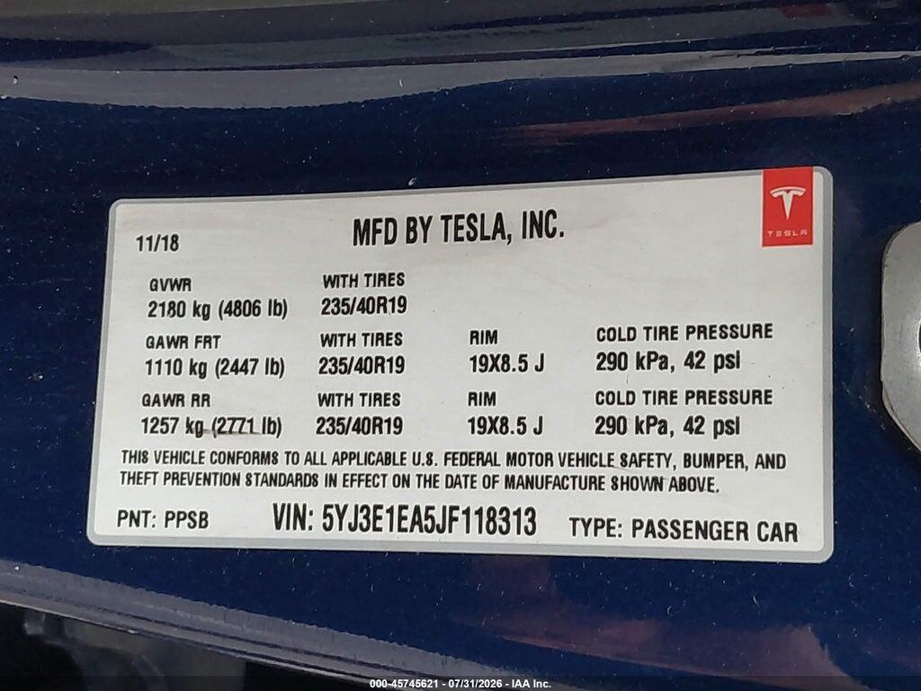5YJ3E1EA5JF118313 2018 TESLA MODEL 3 photo no. 9