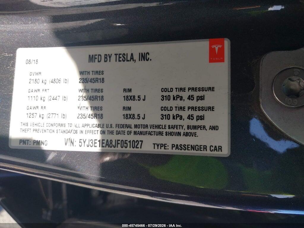5YJ3E1EA8JF051027 2018 TESLA MODEL 3 photo no. 9