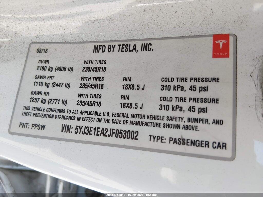 5YJ3E1EA2JF053002 2018 TESLA MODEL 3 photo no. 9