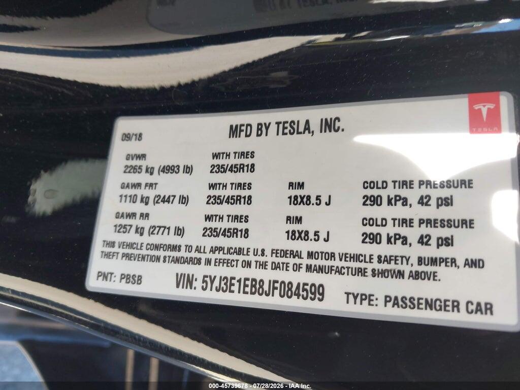 5YJ3E1EB8JF084599 2018 TESLA MODEL 3 photo no. 9
