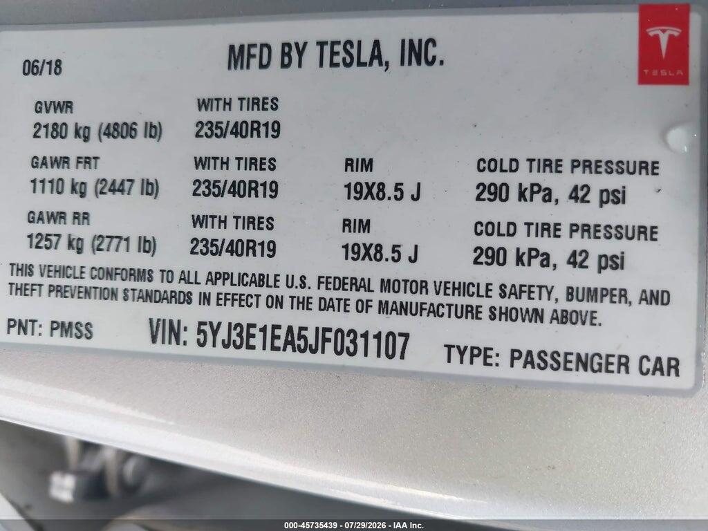 5YJ3E1EA5JF031107 2018 TESLA MODEL 3 photo no. 9