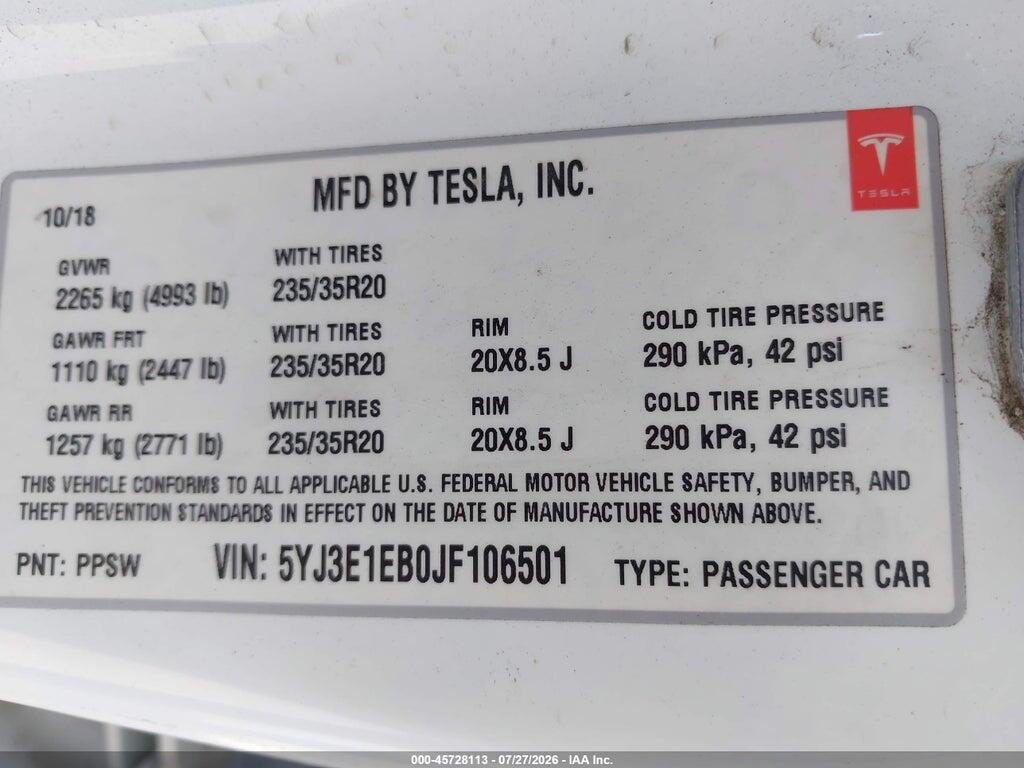 5YJ3E1EB0JF106501 2018 TESLA MODEL 3 photo no. 9
