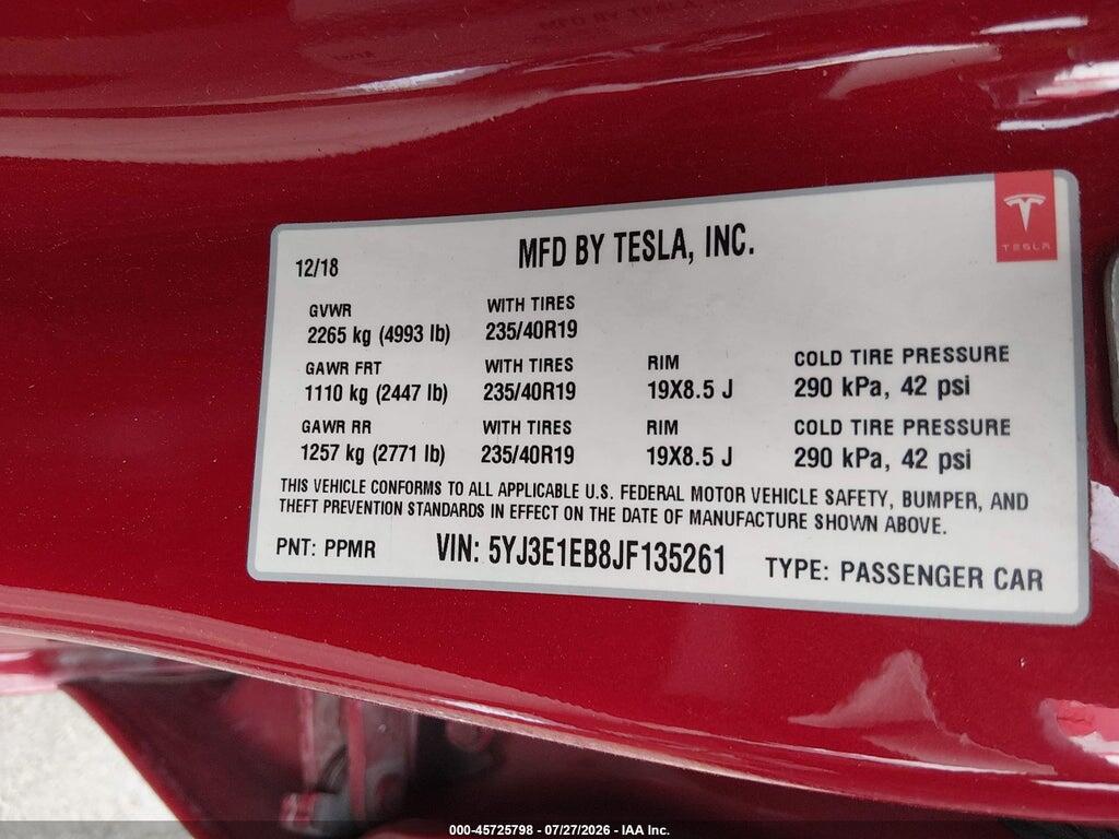 5YJ3E1EB8JF135261 2018 TESLA MODEL 3 photo no. 9