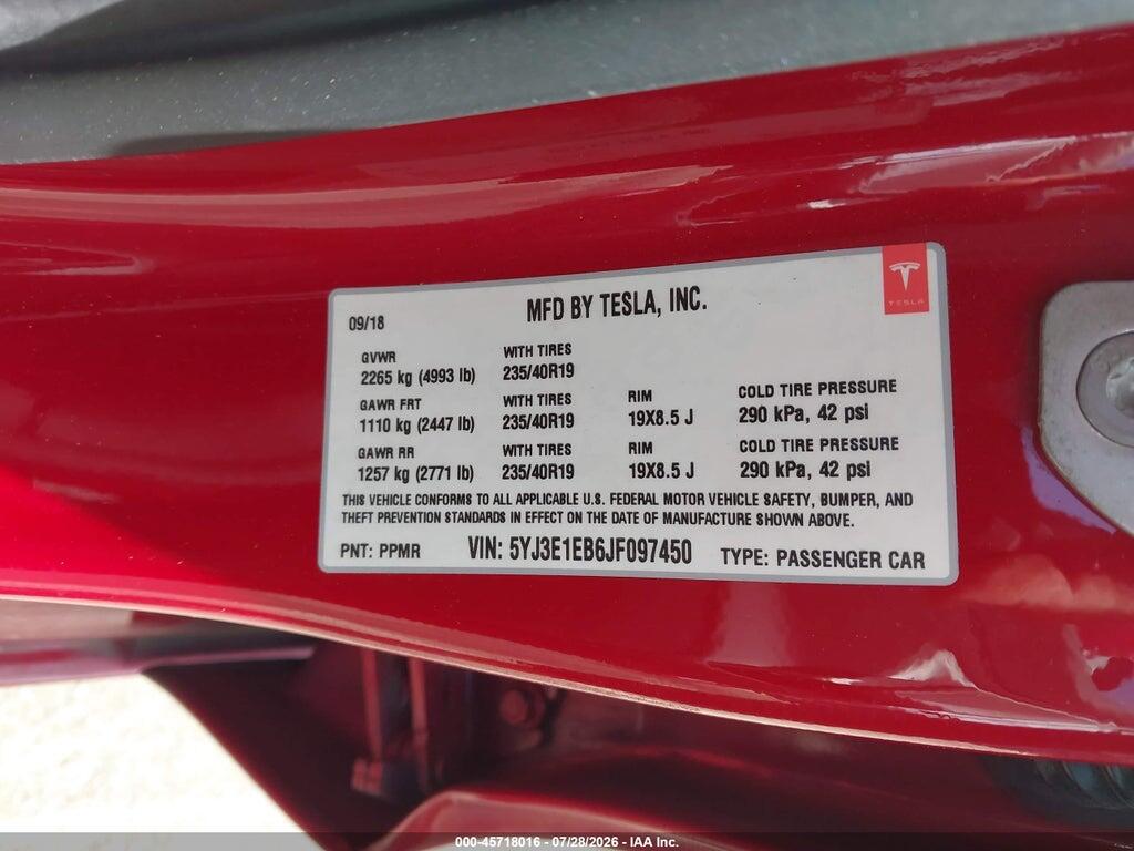 5YJ3E1EB6JF097450 2018 TESLA MODEL 3 photo no. 9