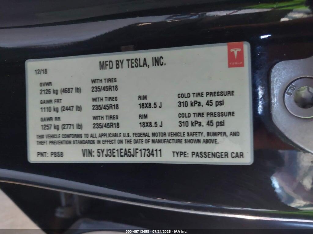 5YJ3E1EA5JF173411 2018 TESLA MODEL 3 photo no. 9
