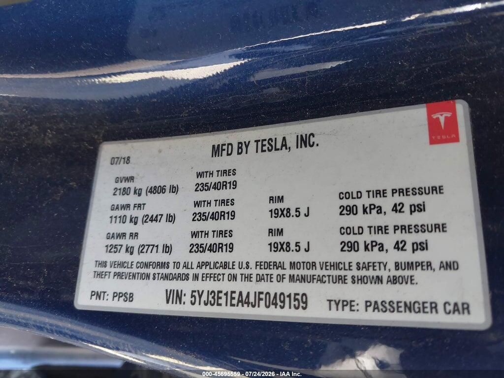 5YJ3E1EA4JF049159 2018 TESLA MODEL 3 photo no. 9