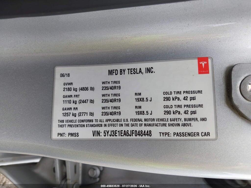5YJ3E1EA6JF048448 2018 TESLA MODEL 3 photo no. 9