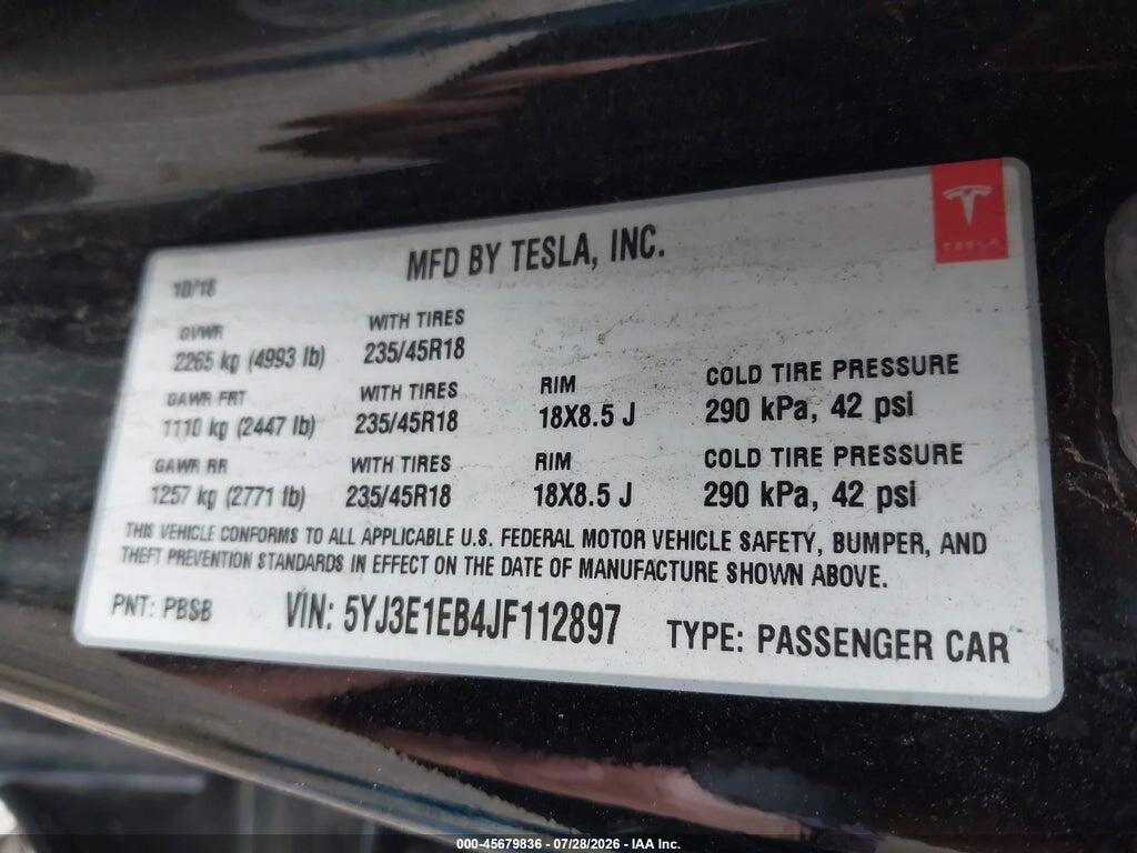 5YJ3E1EB4JF112897 2018 TESLA MODEL 3 photo no. 9
