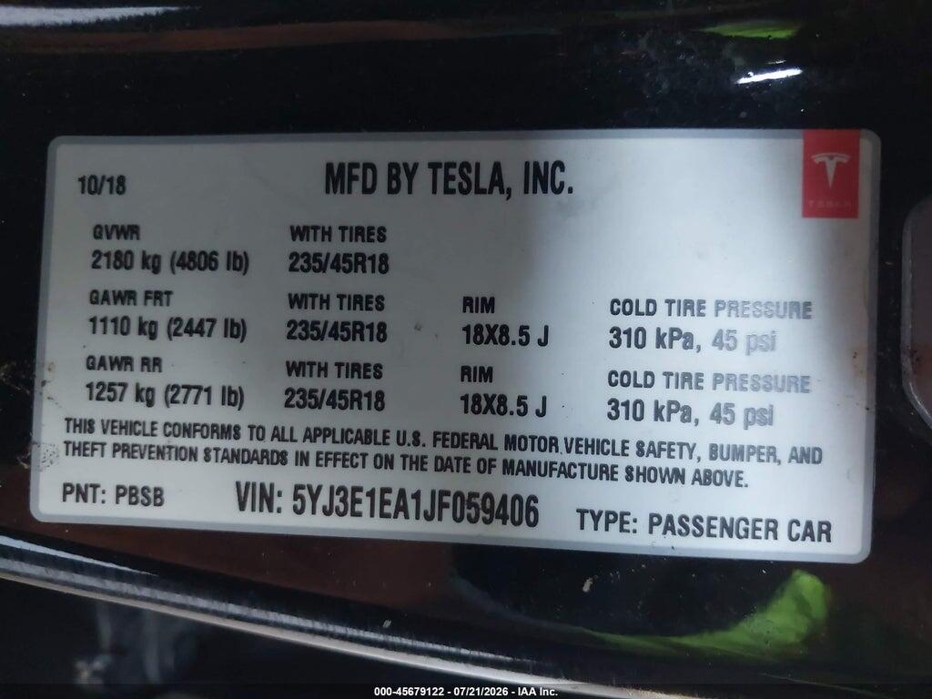 5YJ3E1EA1JF059406 2018 TESLA MODEL 3 photo no. 9