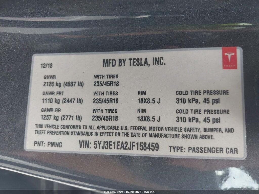 5YJ3E1EA2JF158459 2018 TESLA MODEL 3 photo no. 9