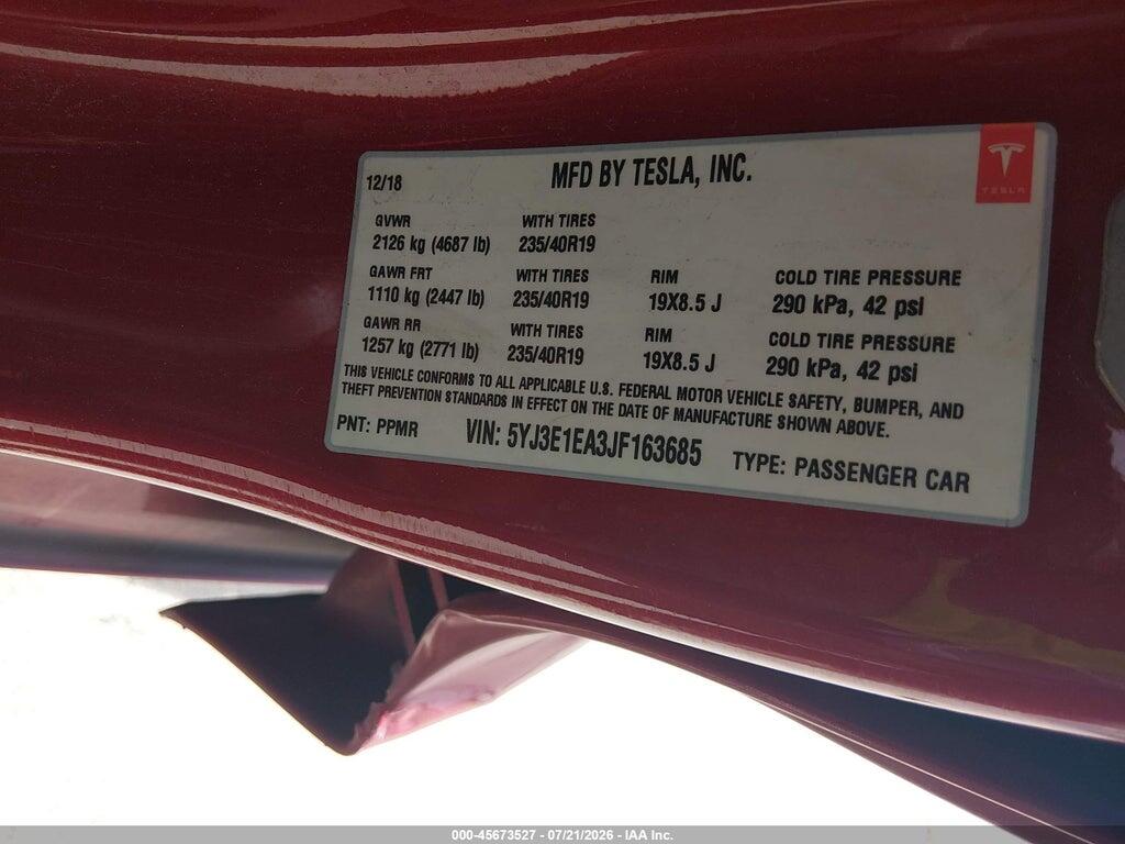 5YJ3E1EA3JF163685 2018 TESLA MODEL 3 photo no. 9