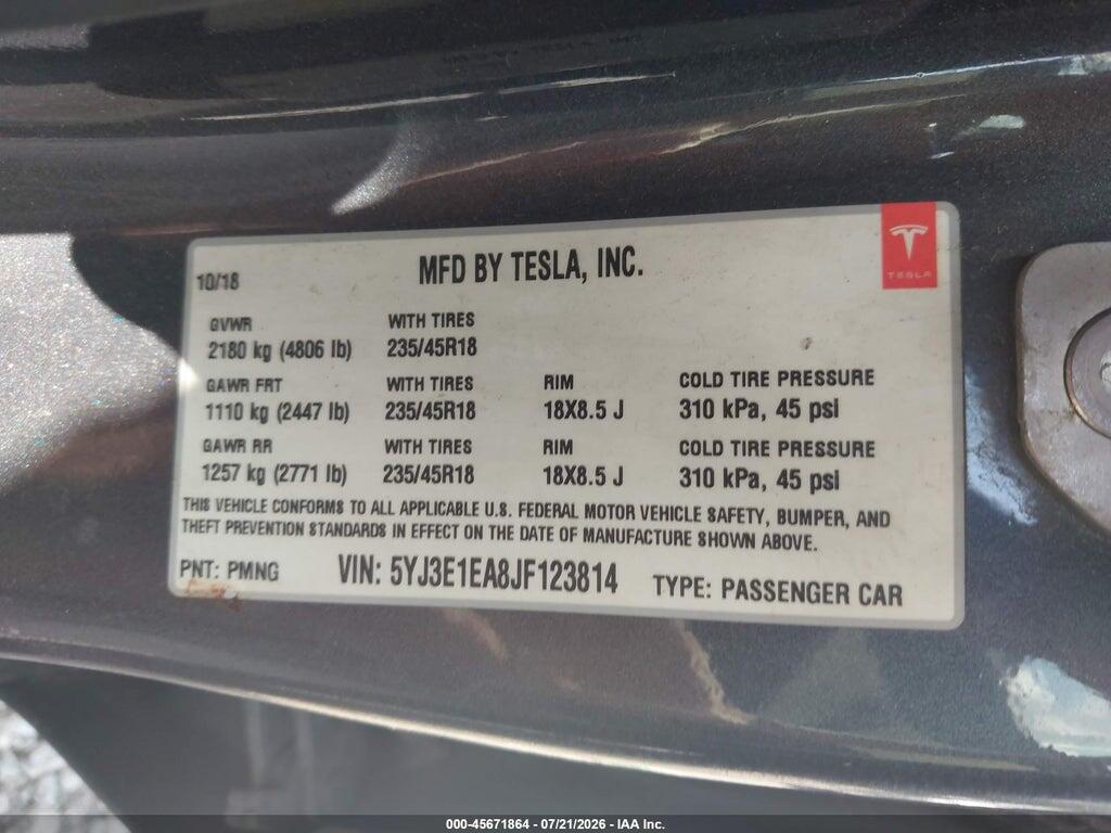 5YJ3E1EA8JF123814 2018 TESLA MODEL 3 photo no. 9