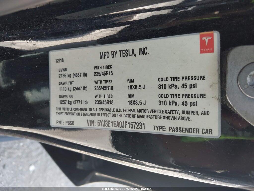 5YJ3E1EA0JF157231 2018 TESLA MODEL 3 photo no. 9
