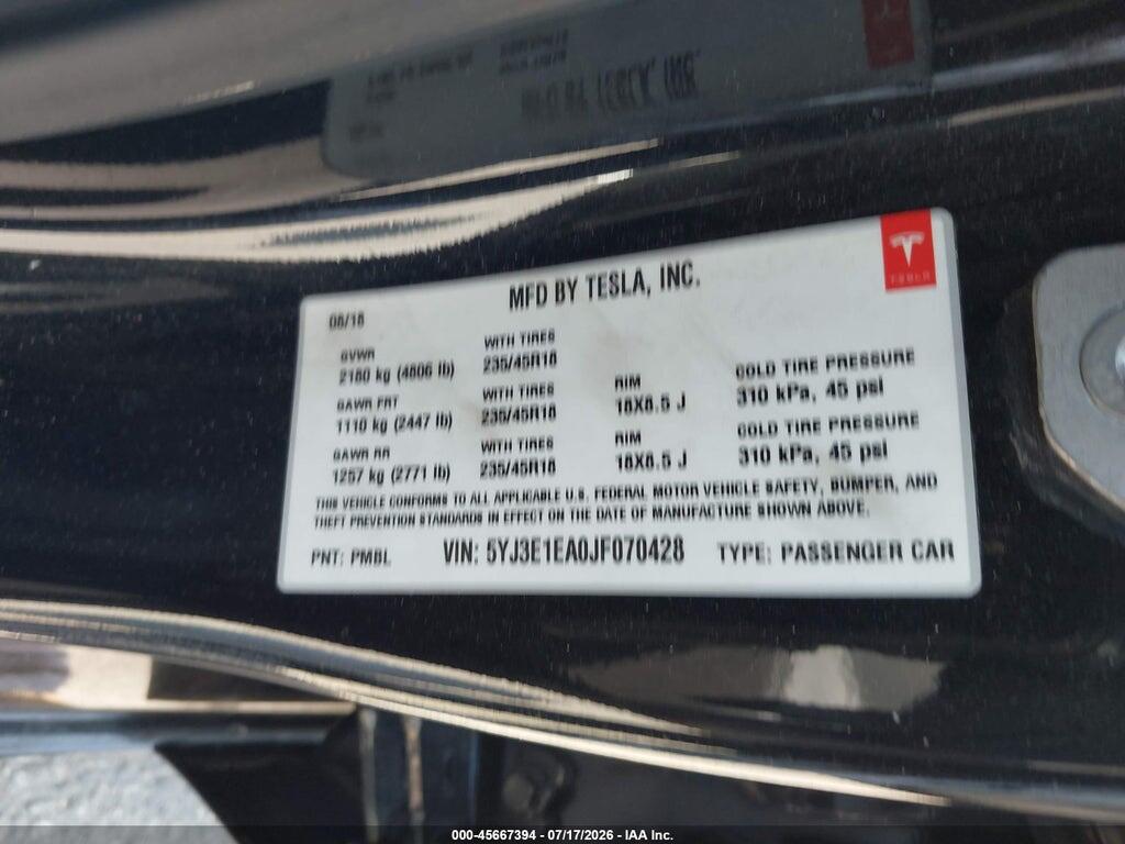 5YJ3E1EA0JF070428 2018 TESLA MODEL 3 photo no. 9