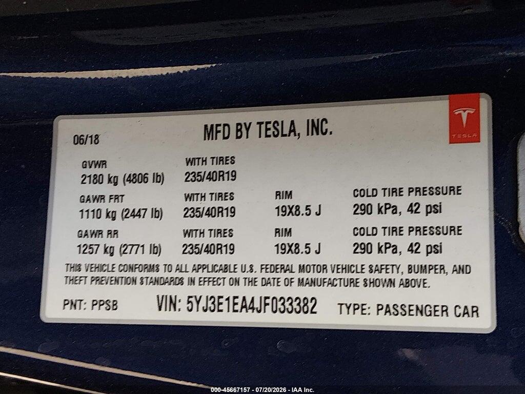 5YJ3E1EA4JF033382 2018 TESLA MODEL 3 photo no. 9