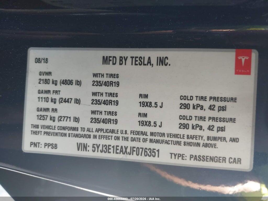 5YJ3E1EAXJF076351 2018 TESLA MODEL 3 photo no. 9