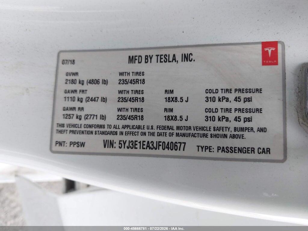 5YJ3E1EA3JF040677 2018 TESLA MODEL 3 photo no. 9