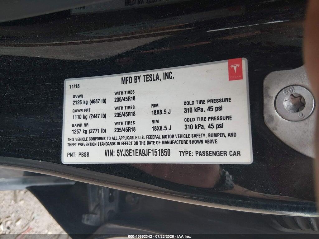 5YJ3E1EA9JF151850 2018 TESLA MODEL 3 photo no. 9