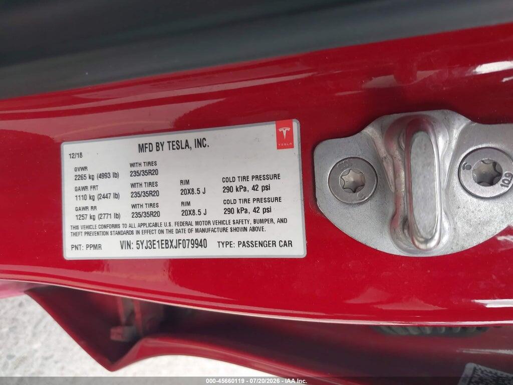 5YJ3E1EBXJF079940 2018 TESLA MODEL 3 photo no. 9