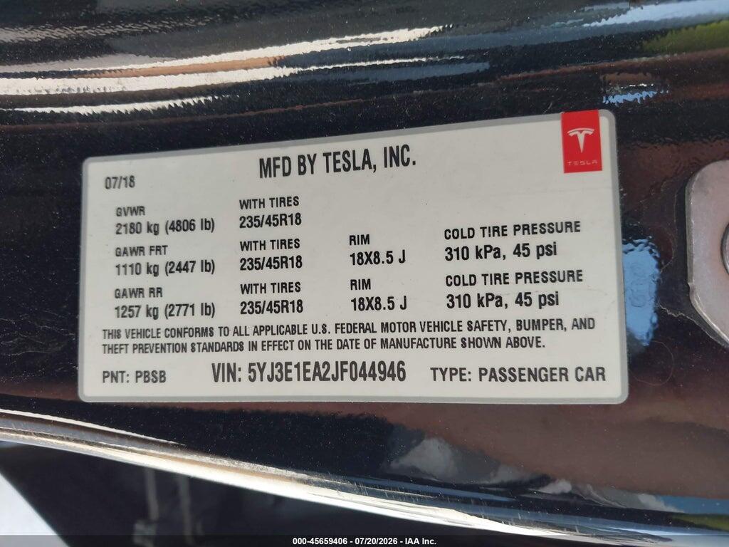 5YJ3E1EA2JF044946 2018 TESLA MODEL 3 photo no. 9