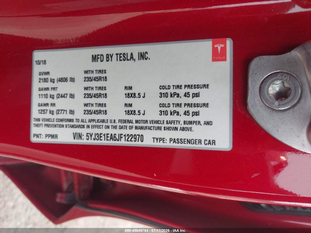 5YJ3E1EA6JF122970 2018 TESLA MODEL 3 photo no. 9