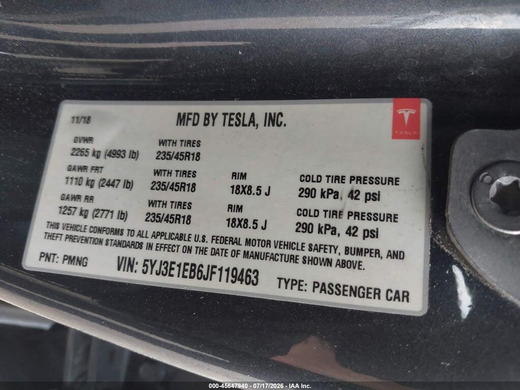 5YJ3E1EB6JF119463 2018 TESLA MODEL 3 photo no. 9