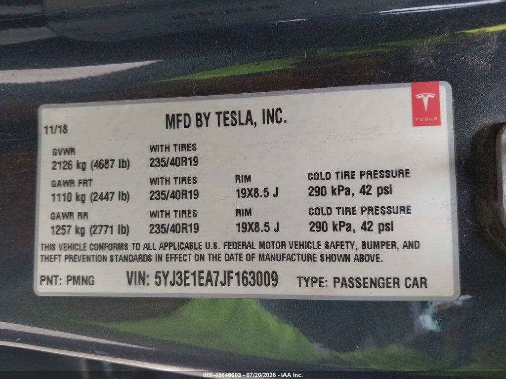 5YJ3E1EA7JF163009 2018 TESLA MODEL 3 photo no. 9