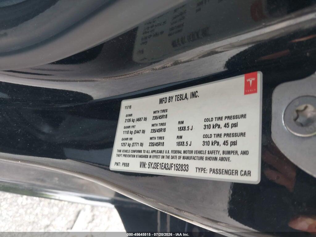 5YJ3E1EA3JF152833 2018 TESLA MODEL 3 photo no. 9