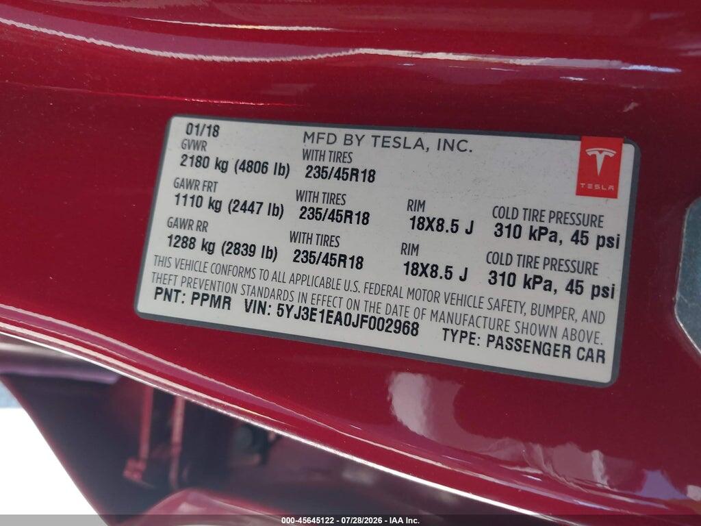 5YJ3E1EA0JF002968 2018 TESLA MODEL 3 photo no. 9