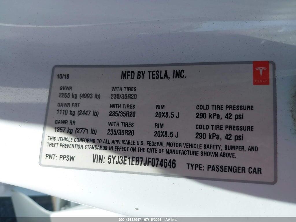5YJ3E1EB7JF074646 2018 TESLA MODEL 3 photo no. 9