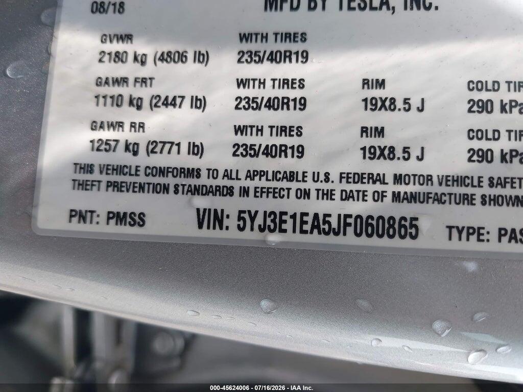 5YJ3E1EA5JF060865 2018 TESLA MODEL 3 photo no. 9