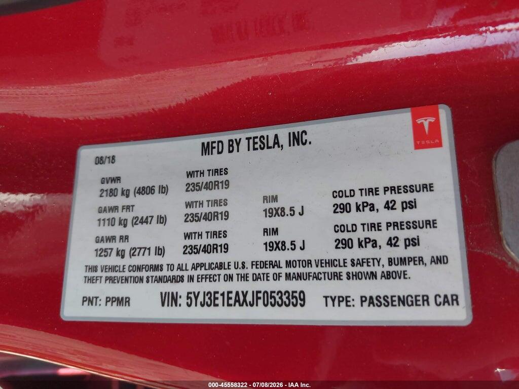 5YJ3E1EAXJF053359 2018 TESLA MODEL 3 photo no. 9