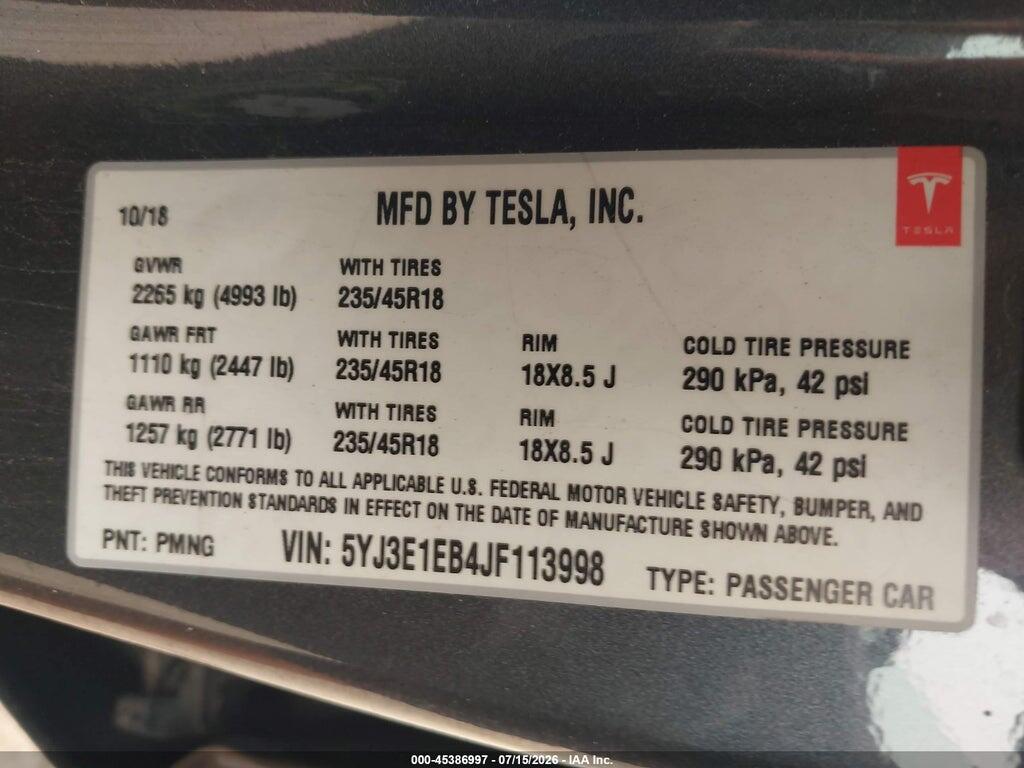5YJ3E1EB4JF113998 2018 TESLA MODEL 3 photo no. 9