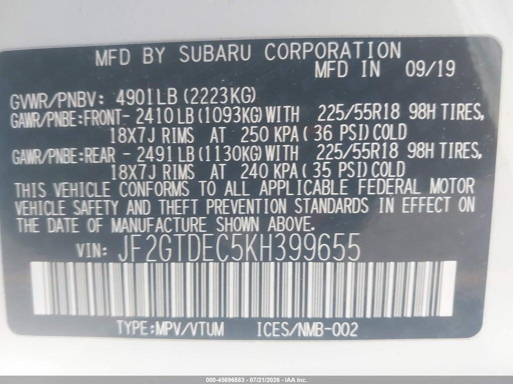 JF2GTDEC5KH399655 2019 SUBARU CROSSTREK HYBRID photo no. 9