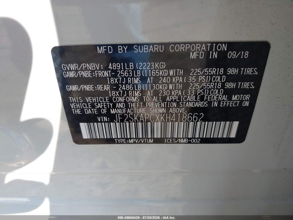JF2SKAPCXKH418662 2019 SUBARU FORESTER photo no. 9