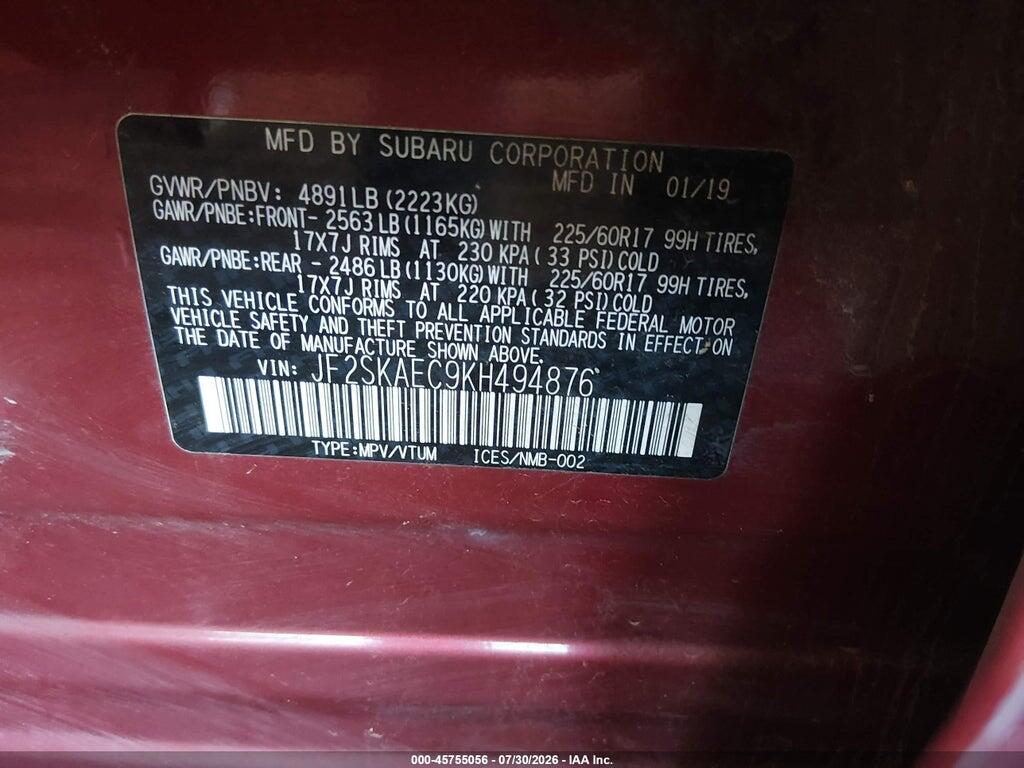 JF2SKAEC9KH494876 2019 SUBARU FORESTER photo no. 9