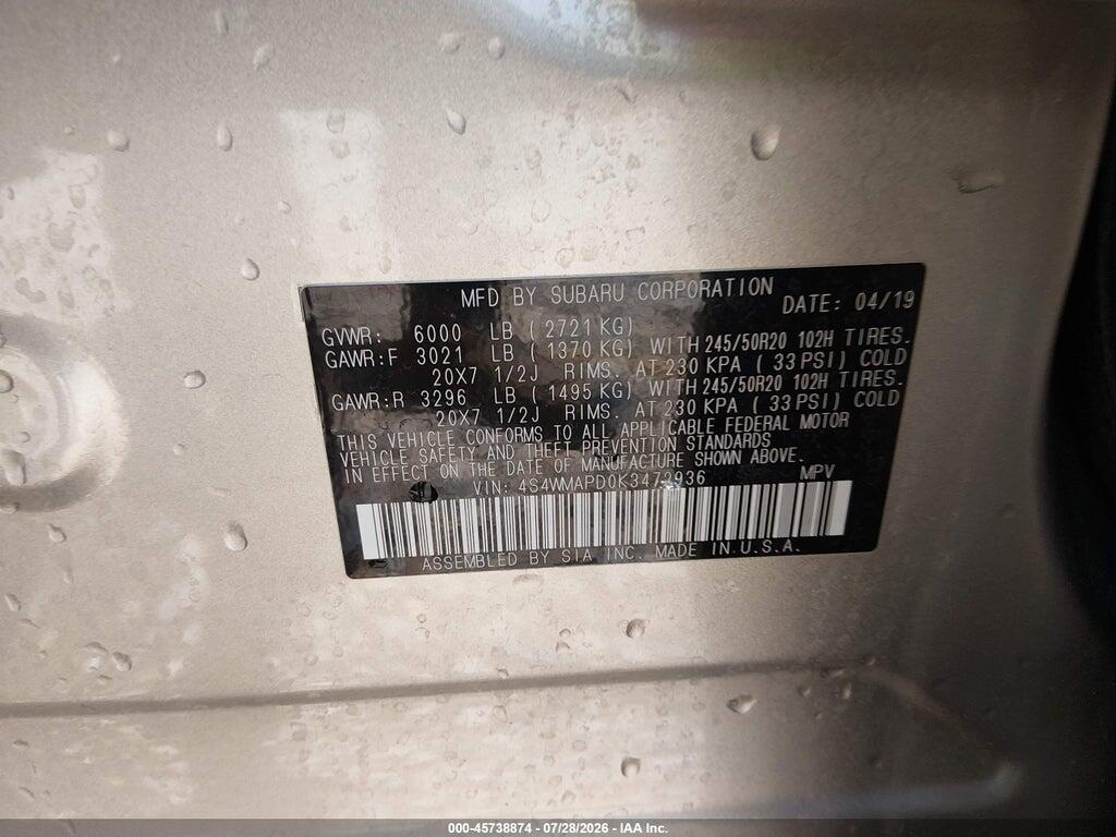 4S4WMAPD0K3472936 2019 SUBARU ASCENT photo no. 9