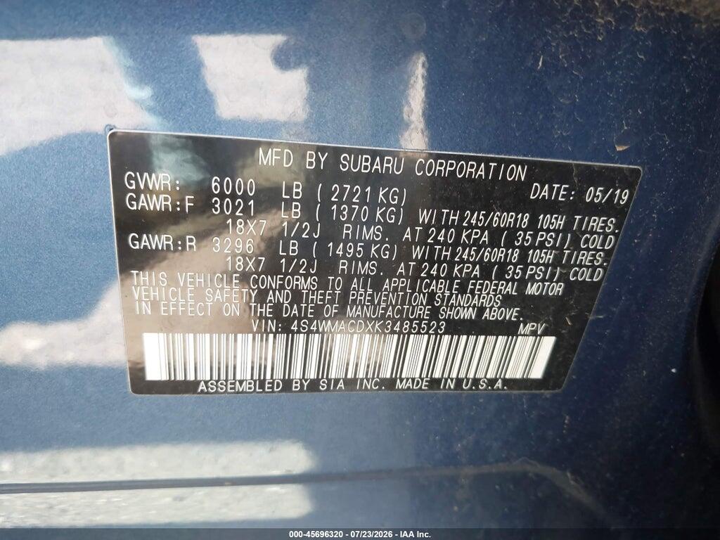 4S4WMACDXK3485523 2019 SUBARU ASCENT photo no. 9